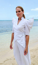 Load image into Gallery viewer, Solid Wrap Around Long Blouse with Puff Sleeve and Mandarin Collar