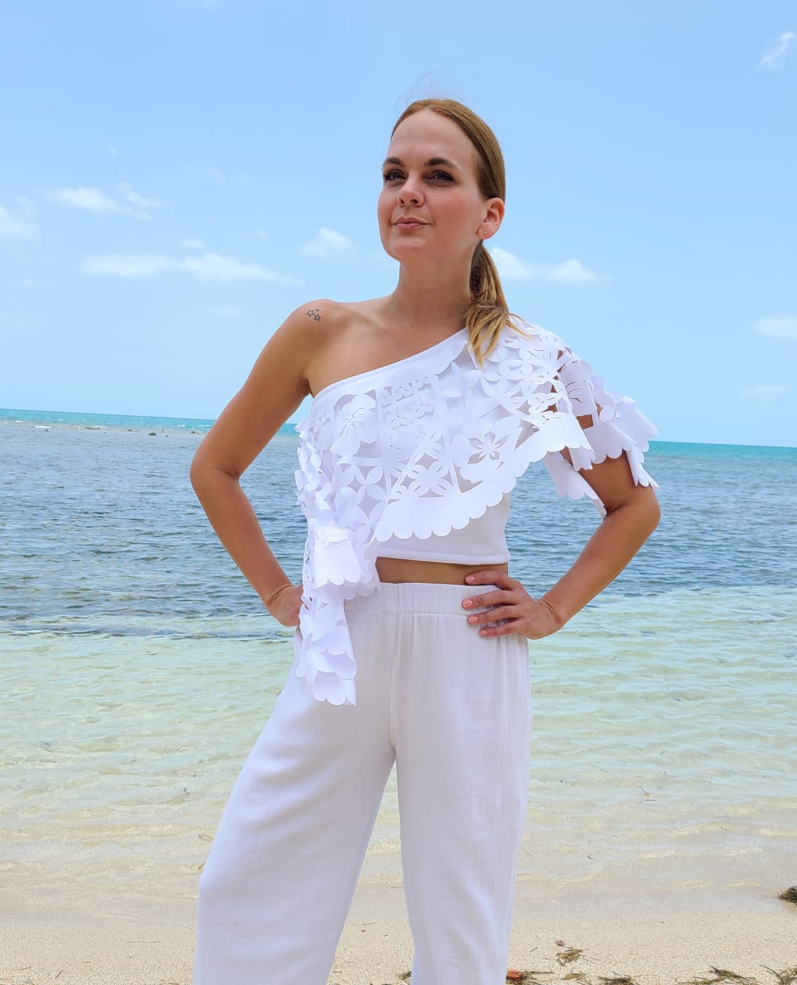 white one shoulder ruffle top
