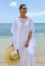 Load image into Gallery viewer, V Neck Laser Cut Detail Tunic With Fringes
