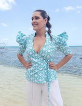 Load image into Gallery viewer, Printed Wrap Around Puff Sleeve Blouse and Mandarin Collar
